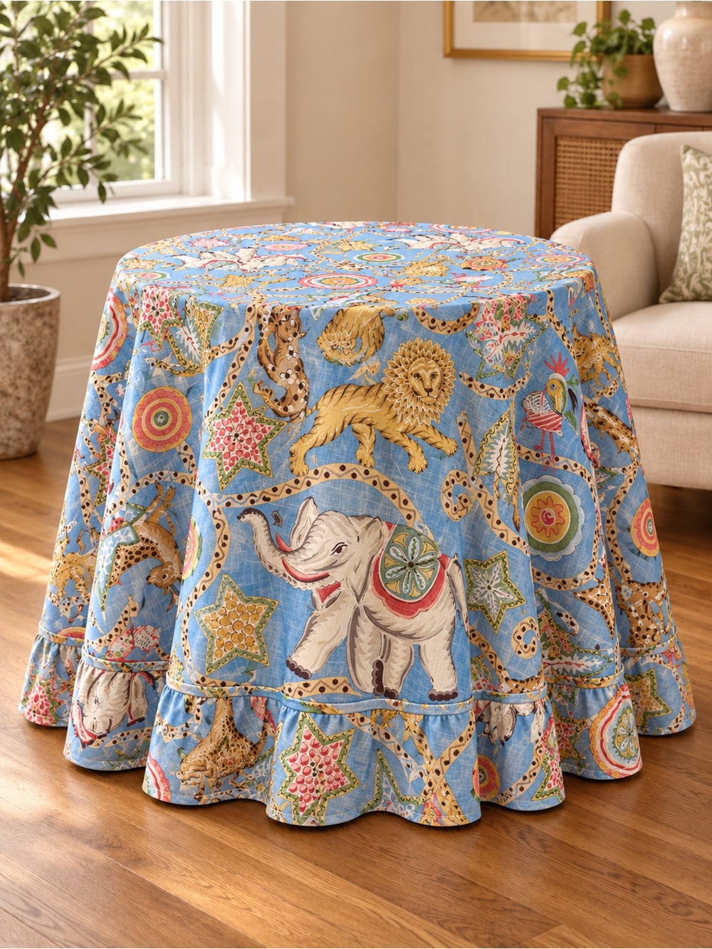 Custom Made Coastal Boho Round Tablecloth 64" Round Elephants & Tigers